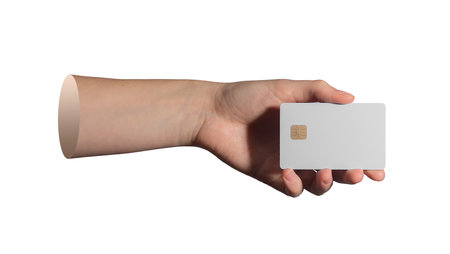 Hand carefully presenting smart card with microchip, isolated on plain white background.の写真素材