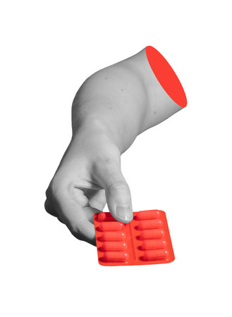 Hand presenting blister with capsules. Representation of medication, hospital care, and drug...