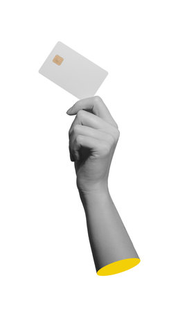 Close up view of fingers showing a payment card with microchip isolated on whiteの写真素材