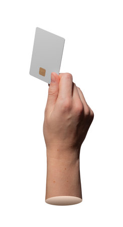 Secure payment card is held by fingers isolated on white.の写真素材
