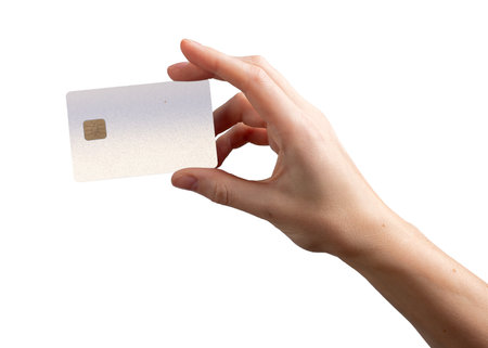 Earning display. Bankcard held by hand, grip of payment, salary, cashback, money and economic exchange. Fund, credit, security, finance. Isolated on white background.の写真素材