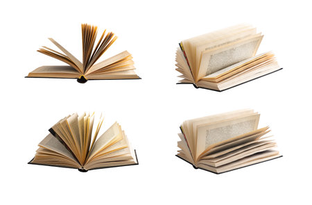 Book collection with open hardcovers. Pages turning, side view of antique novels, textbooks and...