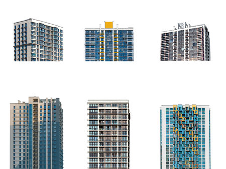 Building set with modern highrise towers and residential blocks. Urban architecture combining...