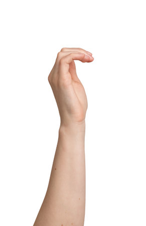 Hand gesture showing C shape. Female arm with curved fingers, thumb and palm in neutral position, indicating size, space, grasp and sign. Isolated on white background.の写真素材