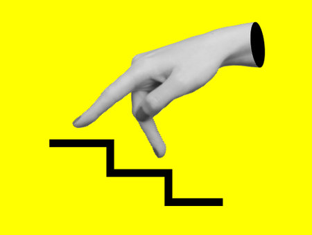 Hand reaching toward stairs in conceptual collage. Symbol of career growth, success, leadership and opportunity with steps representing ambition, development, skill and financial motivation.の写真素材