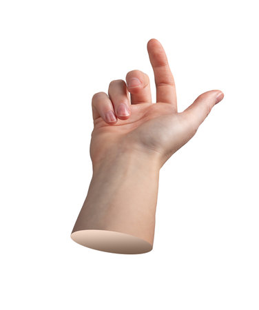 hand in upward gesture with the index finger extended, inviting, isolated on white background.