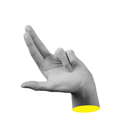 Human hand making a symbolic gesture with index and middle fingers extended while ring finger and pinky are bent, isolated on white background.の写真素材