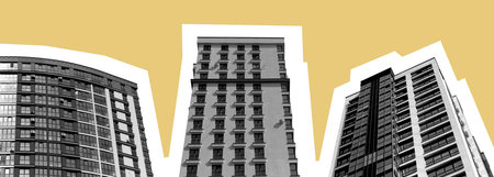 apartment building facade with geometric pattern creating strong contrast. Tall multistory residential tower in urban skyline, modern architecture and real estate development concept.の写真素材