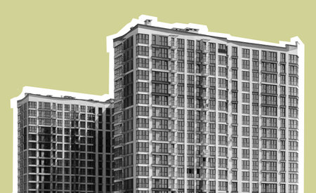 Contemporary high rise tower in developing metropolitan area. Tall residential and commercial building with glass facade, balconies and modern design. City architecture, housing, property and realの写真素材