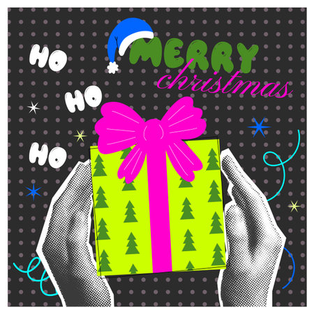 Modern colorful Merry Christmas card design. Square post card with hands holding gift box, present for Xmas and New Year holiday. Festive postcard. Flat vector illustrationのイラスト素材