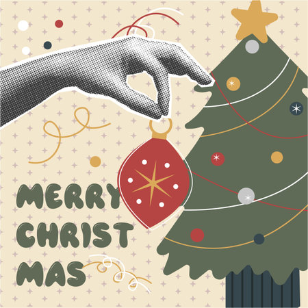 Christmas card in traditional seasonal abstract holiday style. Modern decor with square shape design, halftone dotted hand, pastel colored, xmas art, vintage collage style. Flat vector illustration.のイラスト素材