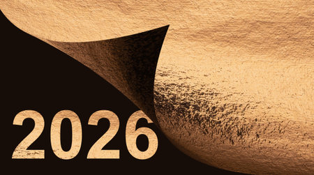 2026 new year celebration background. Golden metallic numbers with shiny foil texture, elegant shimmer and bright glow symbolizing luxury, transition and festive countdown.の写真素材