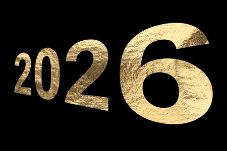2026 metallic number design. Golden textured typography with shiny distorted surface symbolizing New Year celebration, festive greeting, modern holiday banner and creative pearlescent style.の写真素材