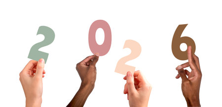2026 new year celebration concept. Diverse multiethnic people raising colorful hands forming numbers, joyful winter holiday party scene with festive mood. Isolated on white background.の写真素材