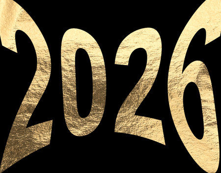 2026 new year celebration design. Golden metallic numbers with pearlescent glow, bright light and...