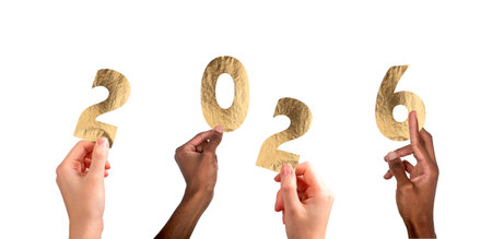 2026 new year celebration. Diverse multiethnic team raising hands with fingers forming numbers,...