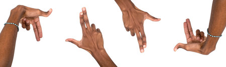 Gesture creating frame shape. Hands forming square symbol with fingers, black male holding pose for viewfinder concept, composition and perspective of photography scene. Isolated on white background.の写真素材