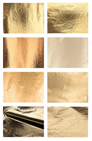 Gold glossy texture background. Crumpled metallic foil with golden reflection, bright glow, glitter effect and elegant vintage pattern creating luxurious festive decoration.の写真素材