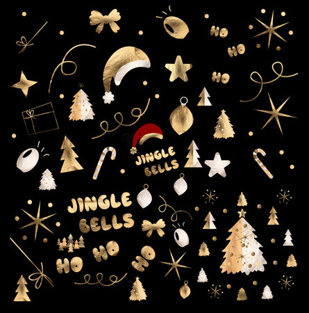 Christmas and New Year celebration. Elegant golden pattern with shiny ornaments, tree, star, ribbon and sparkle light creating festive luxury winter decoration. Isolated on white background.の写真素材