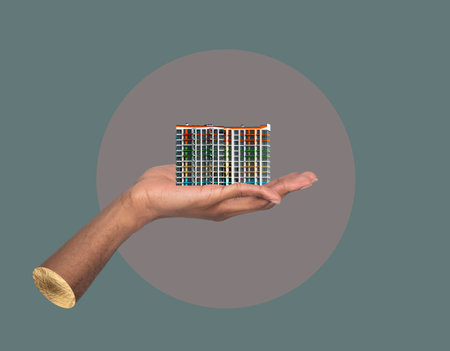 Building in hand development idea. African male holding modern high rise apartment collage, showing real estate architecture, residential property, urban construction and creative business promotionの写真素材
