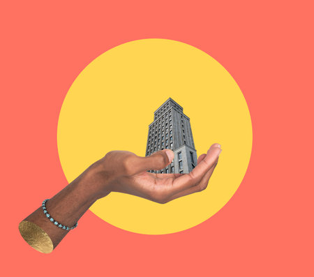Building in hand creative concept. African American male holding modern multistory apartment under sun, showing real estate development, property investment, architecture design and housing projectの写真素材