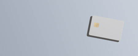 Bank card banner mockup. Minimalistic credit and debit plastic card with chip levitating over gradient background, symbolizing digital payment, cashless transaction, finance, and stylish commerceの写真素材