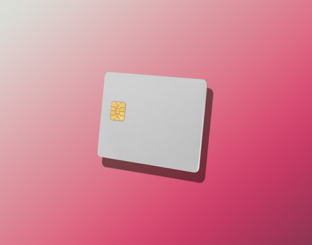 Bank card mockup. Modern minimal credit and debit plastic card with chip, symbolizing cashless payment, digital finance, electronic transaction, and stylish commerce concept on clean gradientの写真素材
