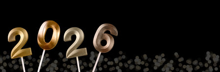 2026 New Year banner. Shiny golden numbers glowing on black background with glittering garlands and...