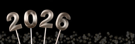 2026 New Year banner. Glossy silver and platinum numbers shining on black background with twinkling...