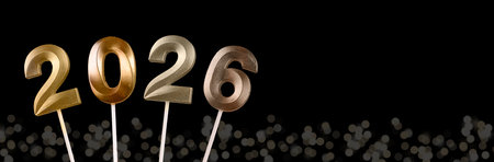 2026 New Year banner. Shiny glowing numbers on black background with twinkling lights and festive...