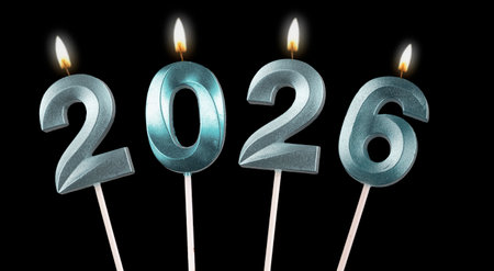 2026 New Year celebration. Glowing candles with flickering flames, shimmering golden numbers,...