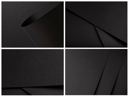 Black paper texture background with a clean, high-quality surface. Features geometric folds, subtle grunge details, and a dark elegant tone. Perfect for banners, luxuryの写真素材