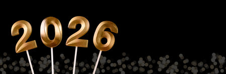 2026 New Year banner. Golden metallic numbers glowing on black background with twinkling lights and...