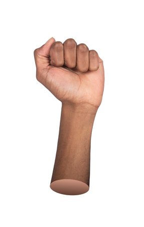 Clenched hand gesture. African American man holding fist tightly, symbol of strength, courage, and hope, expressing determination, unity, and freedom, isolated on white background.の写真素材