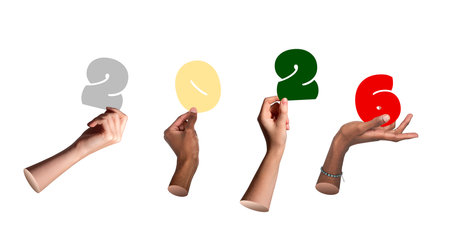 Number celebration concept. People holding bright 2026 sign symbolizing new beginnings, success, and progress, festive modern design representing teamwork, hope, and future goals, isolated on whiteの写真素材