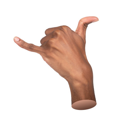 Shaka hand gesture. Man raising thumb and little finger in relaxed pose, symbol of friendship, peace, and freedom, positive lifestyle and communication concept, isolated on white background.の写真素材