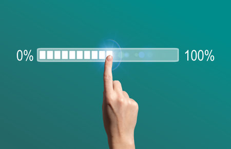 A glowing digital loading bar reaching 100 percent symbolizes completion, technological efficiency, and progress in modern business systems, innovation, and data-driven development.の写真素材