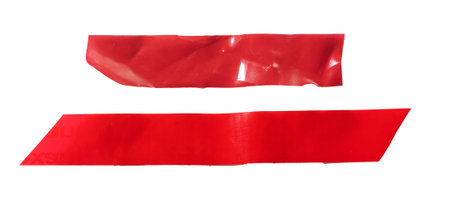 red adhesive tape strips with glossy plastic surface, folds, and slight wrinkles. Long horizontal fragments form bold abstract collage accents. Isolated on white background.の写真素材