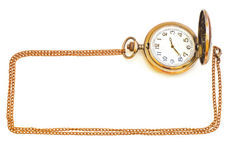 Beautiful photos of vintage watches on a chain. Isolated on white.の写真素材