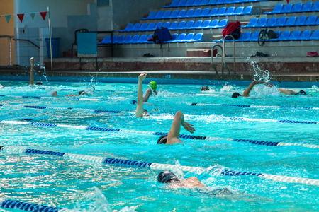 Wingate Institute , Israel - May 17 , 2014 : International swimming competition among juniors. Beautiful photo of a swimming pool. Swimmers in lanes.のeditorial素材