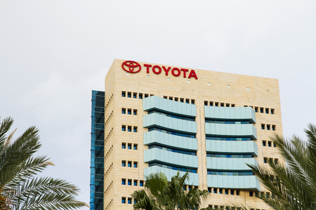Tel-Aviv, Israel - December 20, 2014: The emblem Toyota on the office of official dealer. Toyota Motor Corporation is a Japanese automotive manufacturer headquartered in Toyota, Aichi, Japanのeditorial素材