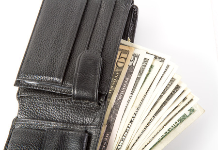 Beautiful photo dollars in the wallet on white background .
