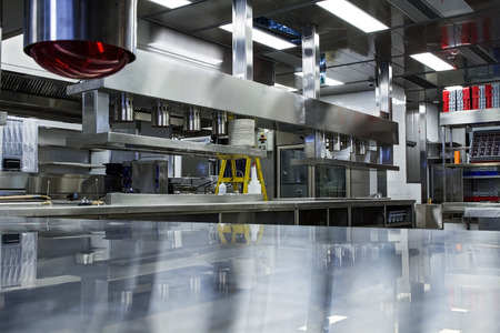Professional kitchen, view counter in stainless steel .の写真素材