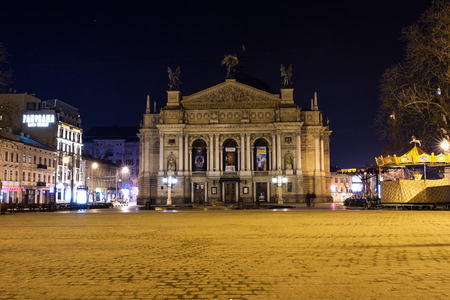 Lviv , Ukraine - March 21, 2015 : Lviv Opera and Ballet Theater at night, Ukraineのeditorial素材