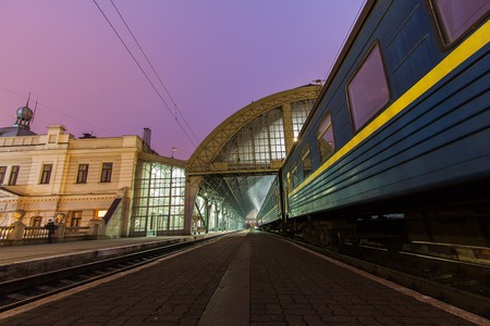 The train on the platform of railroad station in Lviv , Ukraine .のeditorial素材