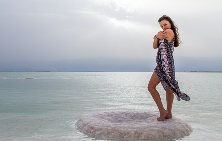 Young woman going to Dead Sea, Israelの写真素材