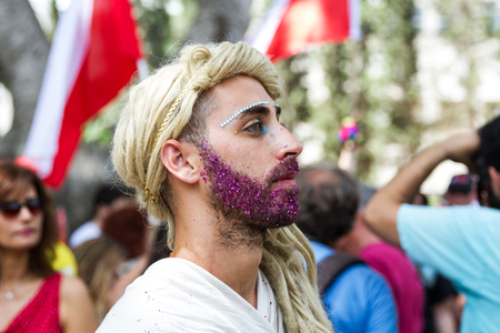 Tel-Aviv , Israel - June 3, 2016: Annual Gay Pride Parade and Week of Proud celebrations on the streets June 3, 2016 in Tel Aviv, Israel. Participants of the parade through the streets of Tel Aviv.のeditorial素材
