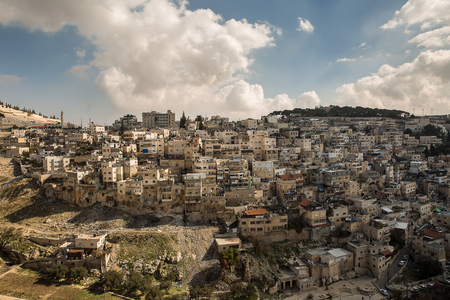 District of East Jerusalem with a predominantly Palestinian population. Adjacent to the Old City from the south, from the Kidron Valley.の写真素材