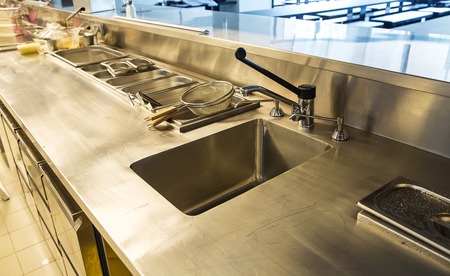 Professional kitchen, view counter in stainless steel .の写真素材