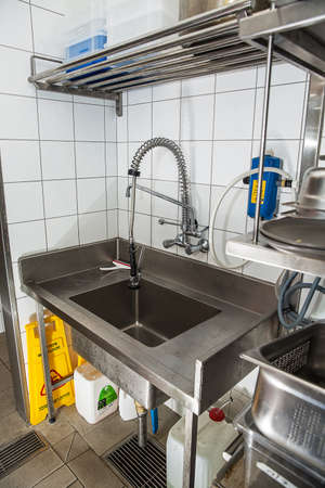 Professional kitchen, view counter in stainless steel .の写真素材